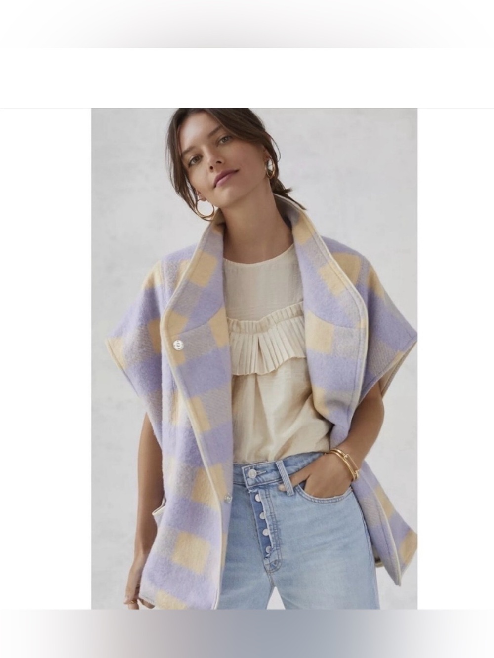 Anderson & Lauth Anthropologie Periwinkle Cream Plaid Gingham Capelet Vest